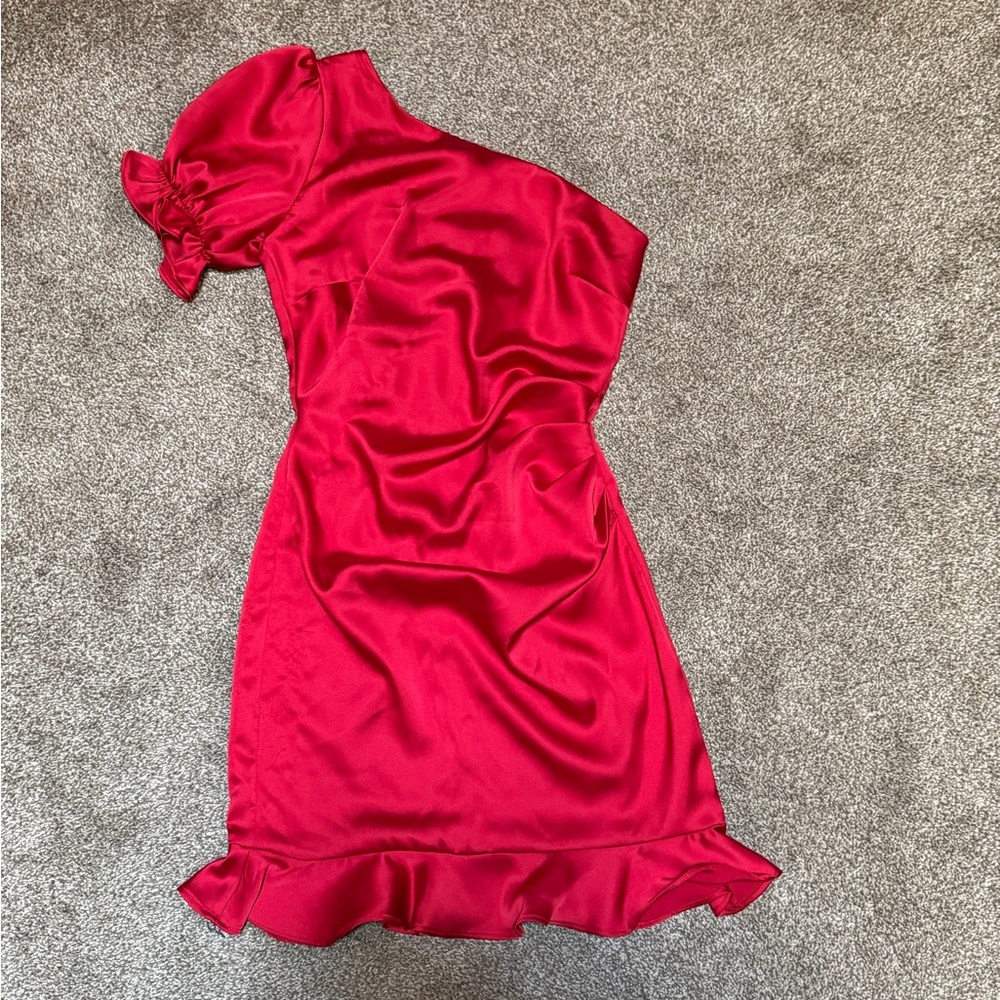 B Darlin Red One-Shoulder Satin Ruffle Dress